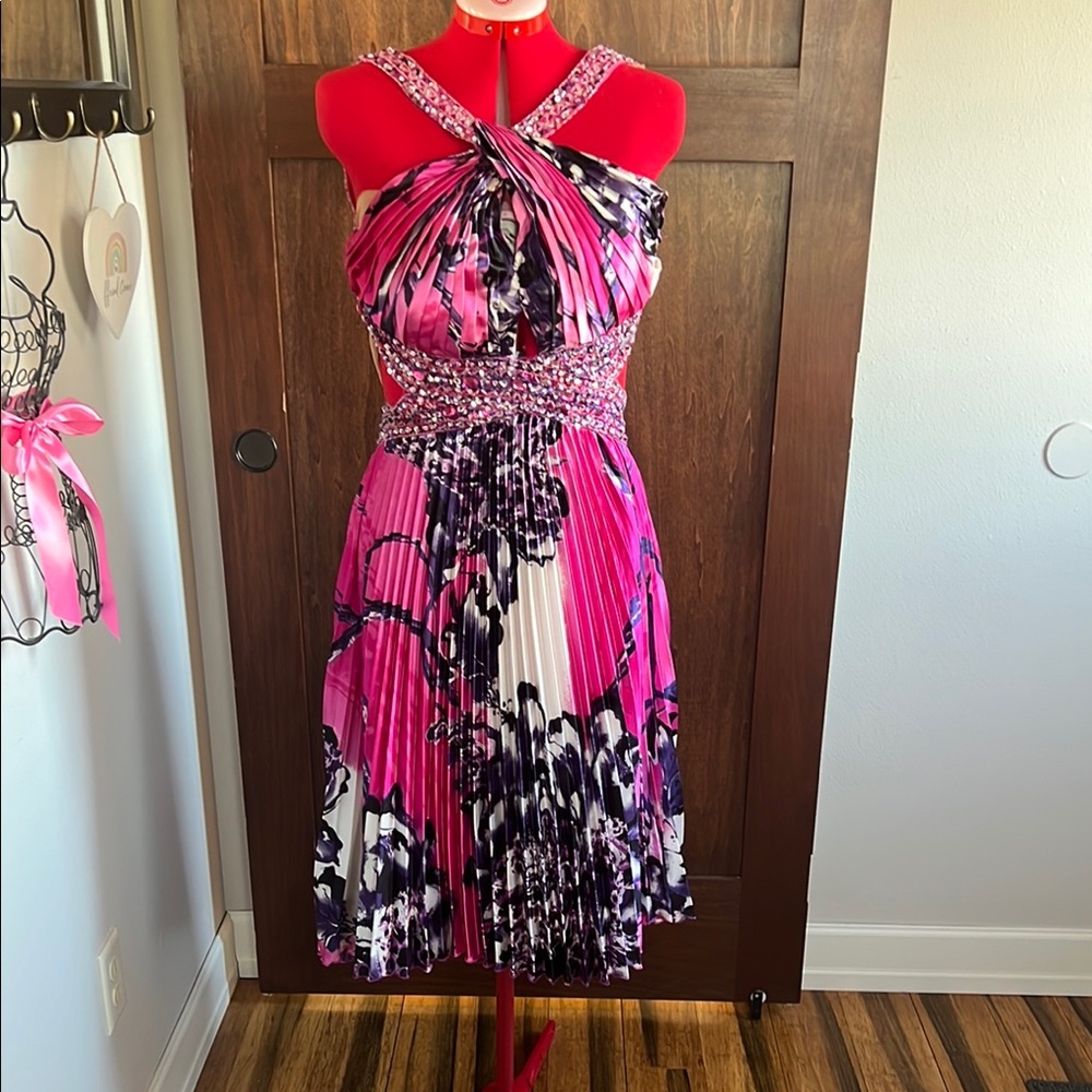David's Bridal Vibrant Pink and Purple Midi Dress